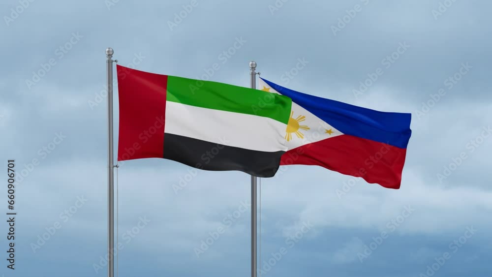 Philippines and  United Arab Emirates UAE flag waving together on cloudy sky, endless seamless loop, two country cooperation concept