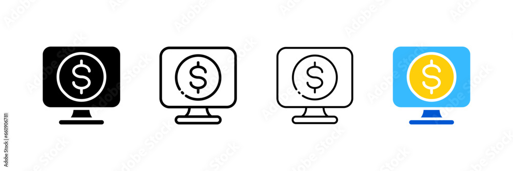 Dollar on computer screen icon. Different styles, dollar on screen, dollar icon, computer screen. Vector icons Dollar on computer screen icon. Different styles, dollar on screen, dollar icon, computer screen. Vector icons
