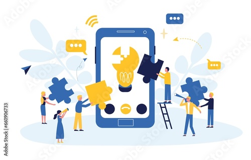 Business concept. Team metaphor. People connect puzzle elements. Flat illustration in flat design style. Teamwork, collaboration, partnership. Businessmen working together and moving towards success.