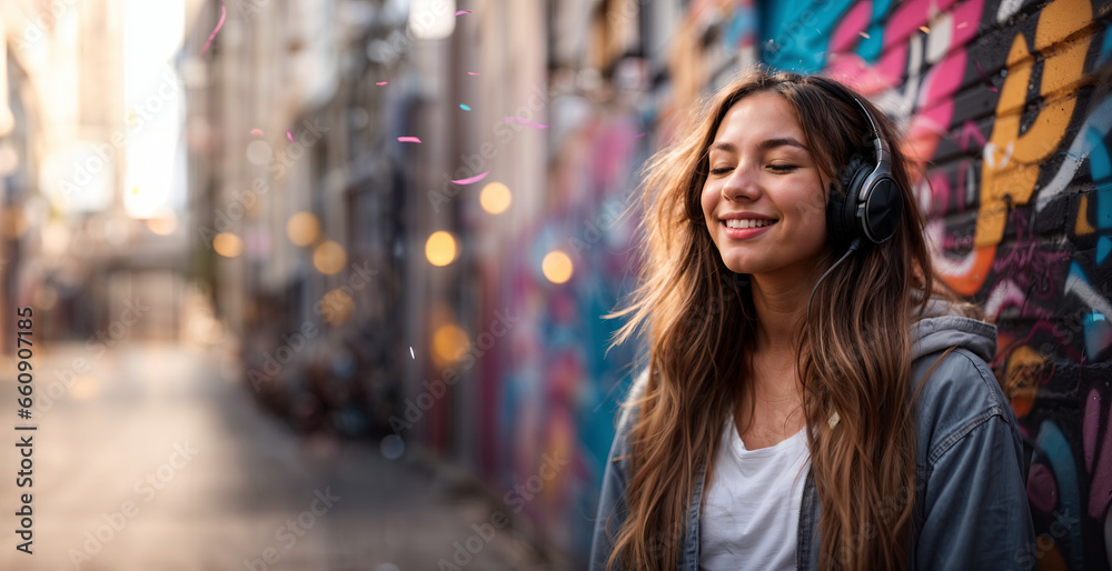 Young beautiful woman wearing headphones listening to music or podcast, smiling on colorful graffiti background street with lights. Panoramic banner. Generative AI.