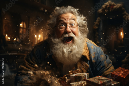Cheerful emotional Santa Claus with a gifts in hands in his workshop. Christmas fairytale © zamuruev