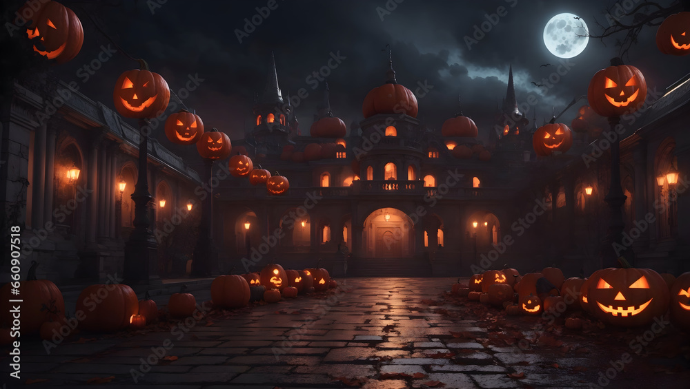 Halloween town with lighted pumpkins, City of horror, Halloween castle , view of the city