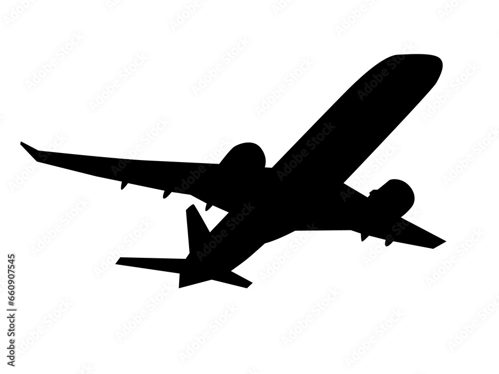 Plane shape. Black silhouette of an airplane. Illustration on transparent background Plane shape. Black silhouette of an airplane. Illustration on transparent background