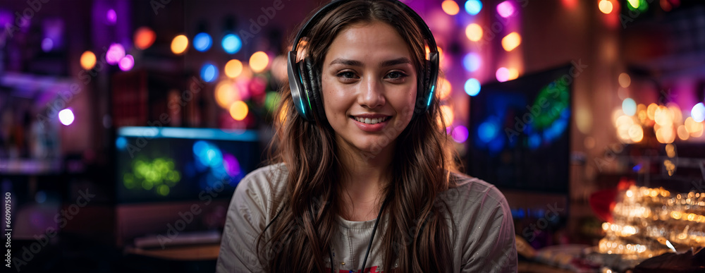 Beautiful girl wearing headphones smiling in a colorful neon room with lights and computer at night. Online teacher, software engineer, twitch streamer, influencer. Panoramic banner. Generative AI.