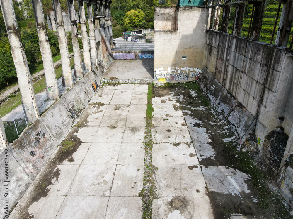 Drone view at a adandoned industrie on Gole della Breggia in Switzerland