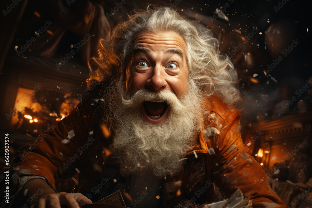 illustration of amazed face Santa Claus in his workshop. WOW. Christmas fairytale