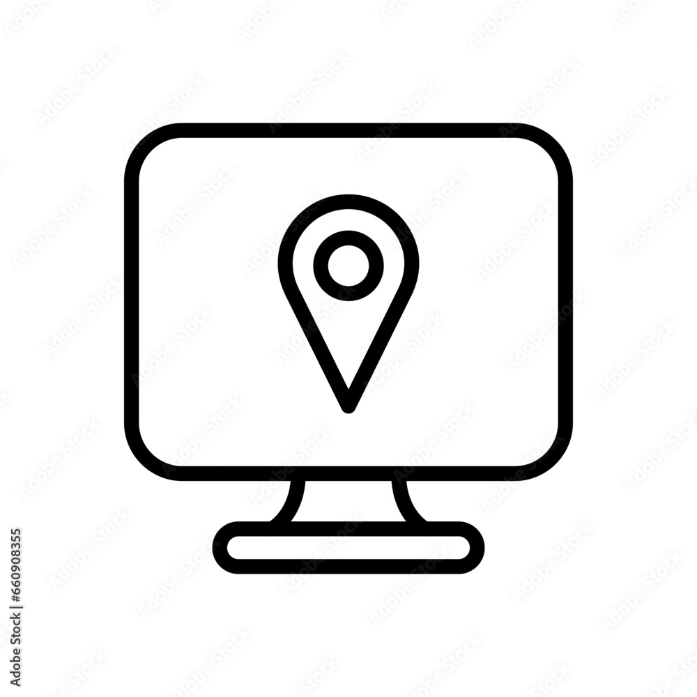 Geolocation icon on the computer. Outline, geolocation on the screen, GPS functions. Vector icons Geolocation icon on the computer. Outline, geolocation on the screen, GPS functions. Vector icons
