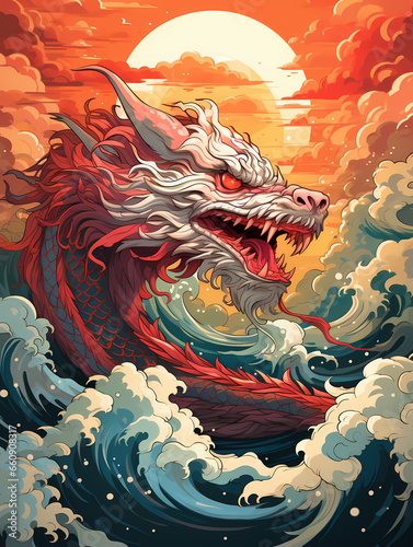A Red Dragon With White And Red Waves