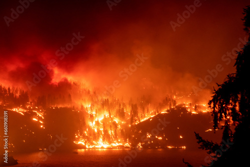 Forest Fires at night near Kelowna, British Columbia, Canada