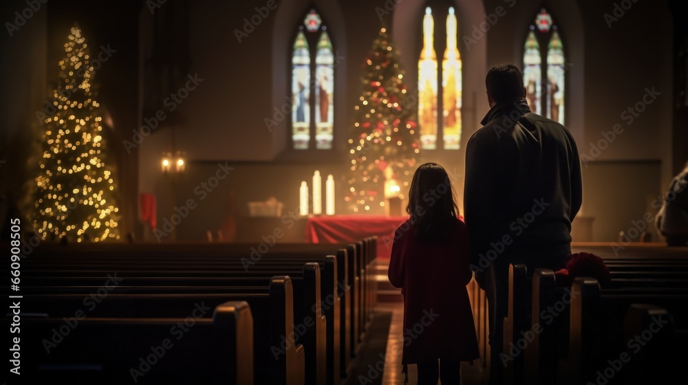 A man and his little daughter stand in an empty church in front of a Christmas tree on Christmas Eve A man and his little daughter stand in an empty church in front of a Christmas tree on Christmas Eve