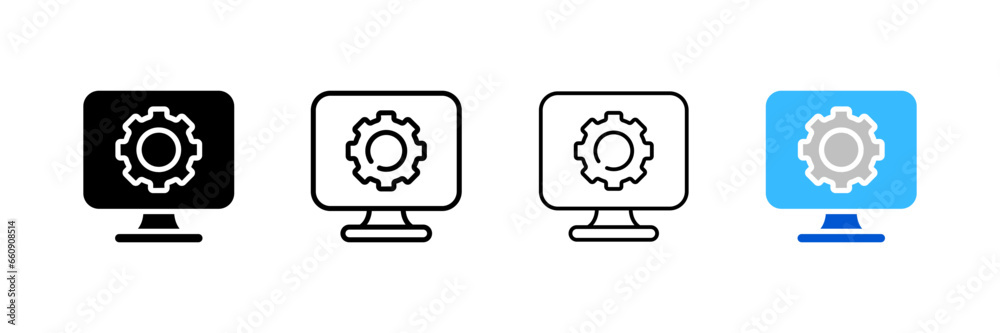Gear icons on a computer screen. Different styles, computer settings, monitor with gear. Vector icons Gear icons on a computer screen. Different styles, computer settings, monitor with gear. Vector icons