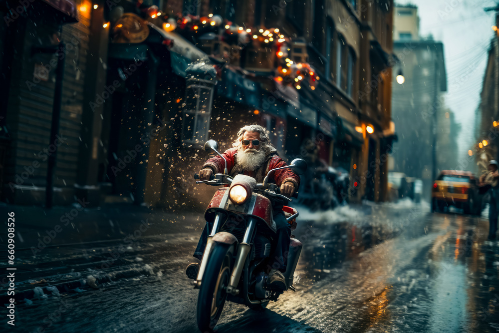 Santa Claus drives fast in motorcycle full of gifts on winter city road. delivery concept, sale