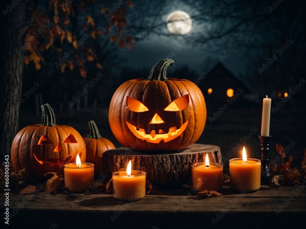 Fototapeta premium Halloween pumpkin head with lantern and burning candle on the moon background