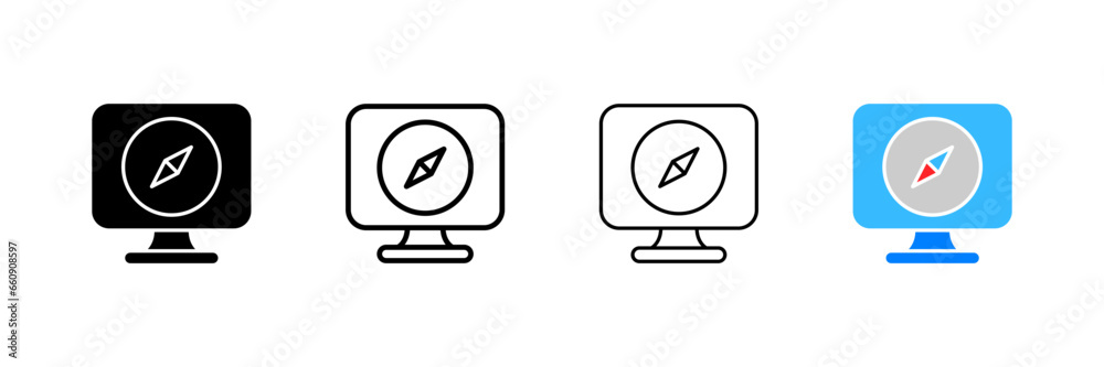 Compass icon on the screen. Different styles, compass on a computer, human geolocation. Vector icons Compass icon on the screen. Different styles, compass on a computer, human geolocation. Vector icons