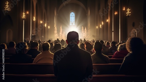 A man joining Christmas mass in a church full of crowds on a magical Christmas Eve photo