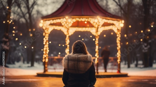 A woman standing in front of a gazebo covered in christmas lights © Artur48