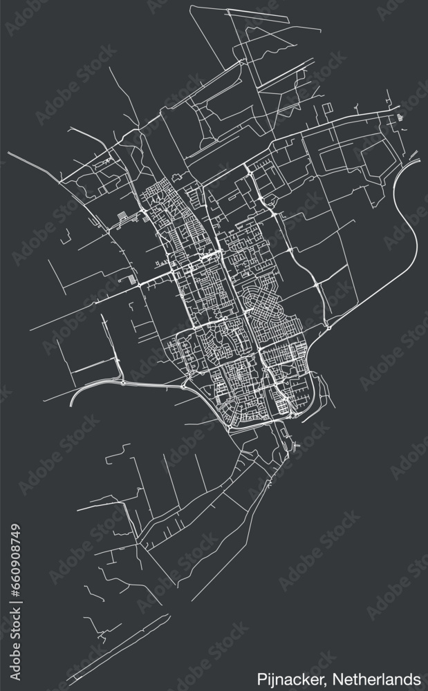 Detailed hand-drawn navigational urban street roads map of the Dutch city of PIJNACKER, NETHERLANDS with solid road lines and name tag on vintage background