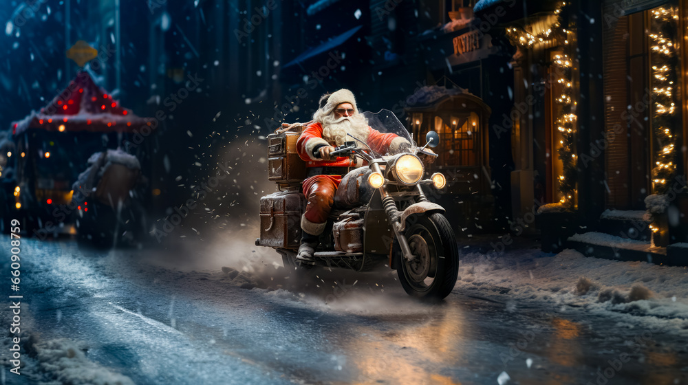 Santa Claus drives fast in motorcycle full of gifts on winter city road. delivery concept, sale