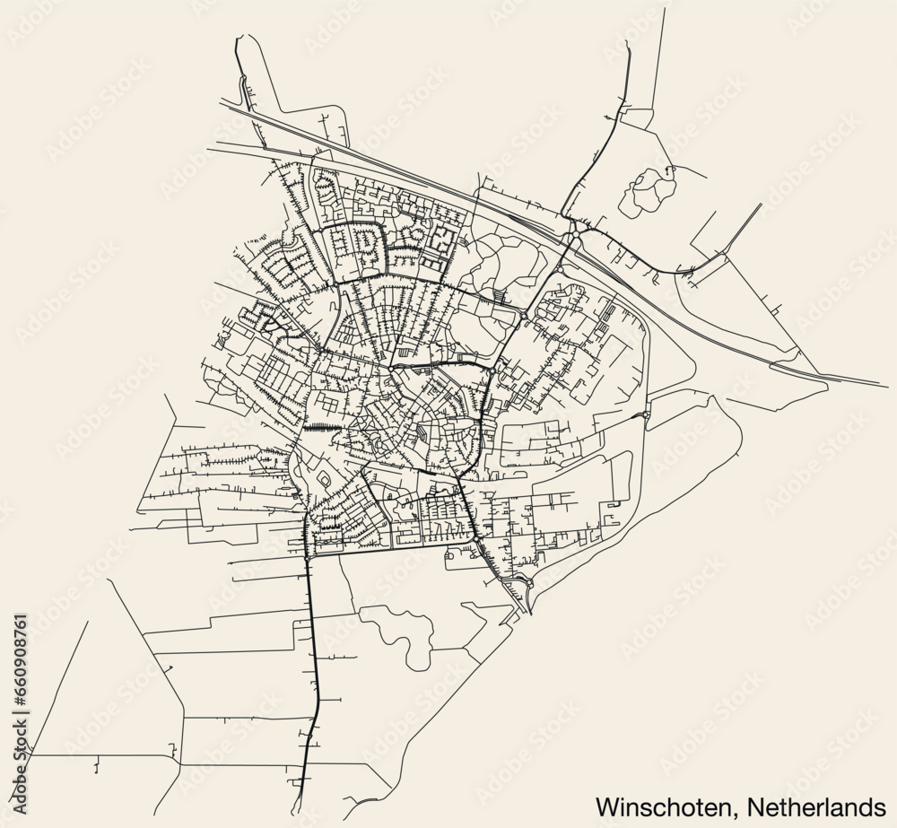 Detailed hand-drawn navigational urban street roads map of the Dutch city of WINSCHOTEN, NETHERLANDS with solid road lines and name tag on vintage background