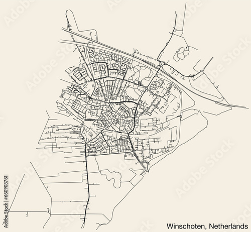 Detailed hand-drawn navigational urban street roads map of the Dutch city of WINSCHOTEN, NETHERLANDS with solid road lines and name tag on vintage background
