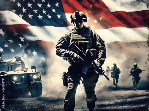 Soldier holding machine gun with USA flag. Grunge style. Generative AI