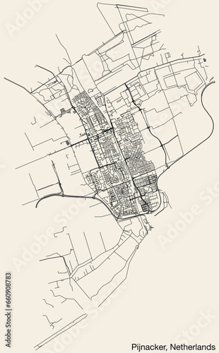 Detailed hand-drawn navigational urban street roads map of the Dutch city of PIJNACKER, NETHERLANDS with solid road lines and name tag on vintage background