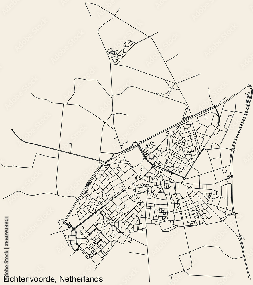 Detailed hand-drawn navigational urban street roads map of the Dutch city of LICHTENVOORDE, NETHERLANDS with solid road lines and name tag on vintage background
