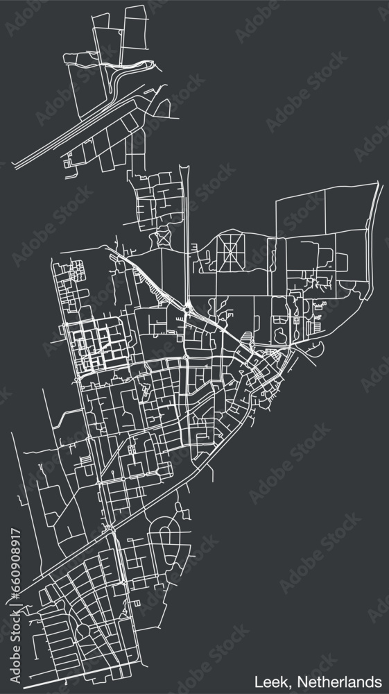 Detailed hand-drawn navigational urban street roads map of the Dutch city of LEEK, NETHERLANDS with solid road lines and name tag on vintage background