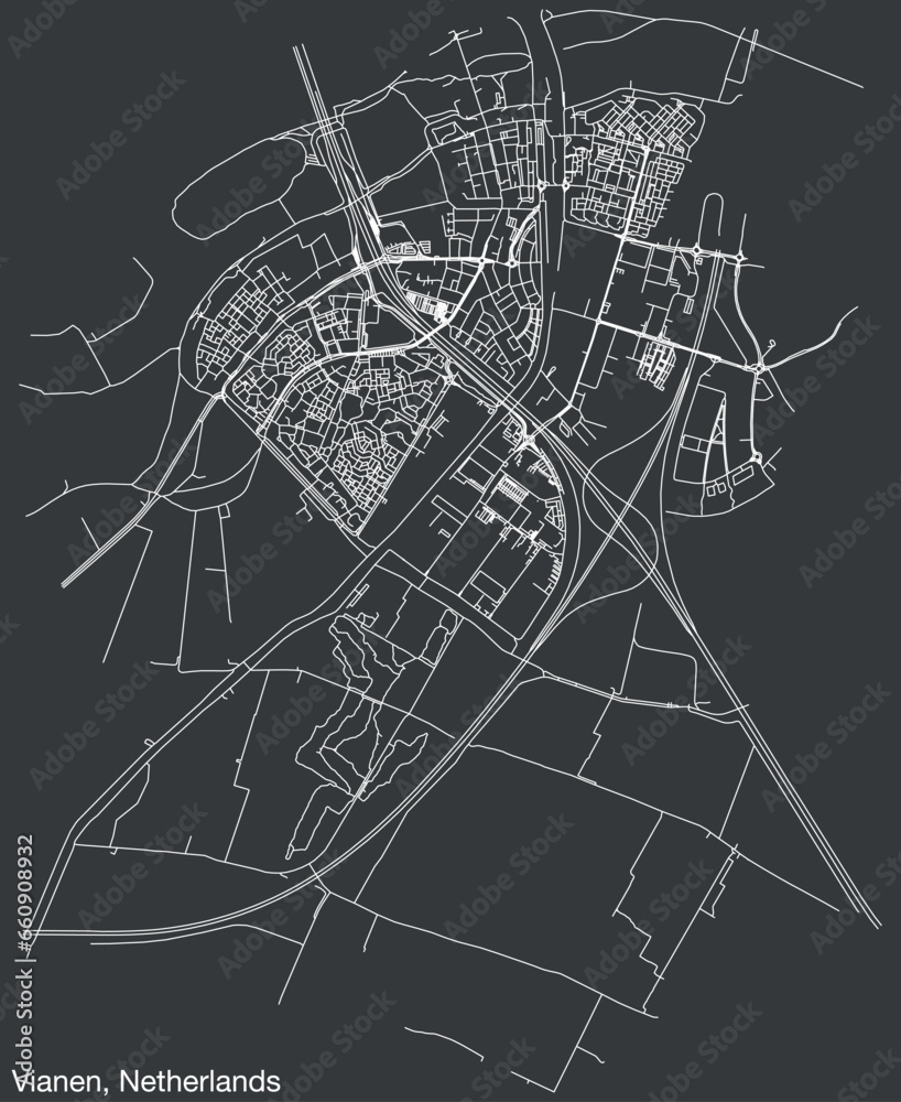 Detailed hand-drawn navigational urban street roads map of the Dutch city of VIANEN, NETHERLANDS with solid road lines and name tag on vintage background