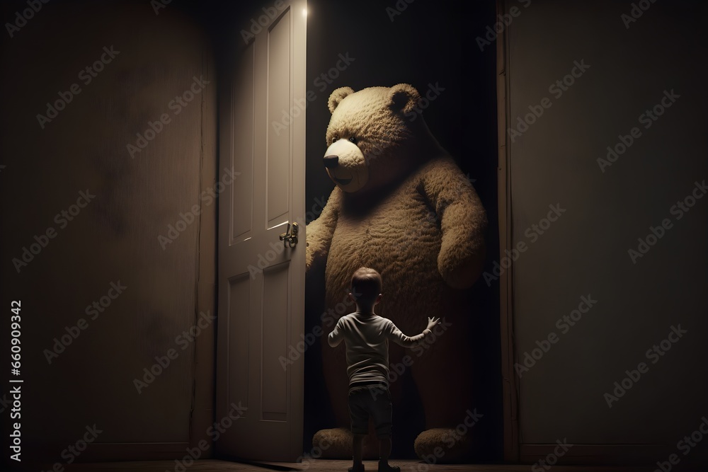 giant human sized teddy bear knocking down dungeon door atmospheric