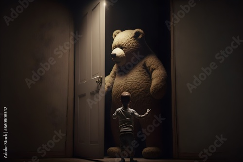 giant human sized teddy bear knocking down dungeon door atmospheric horror dramatic lighting cinema still movie real hyper realistic octane render 4k 
