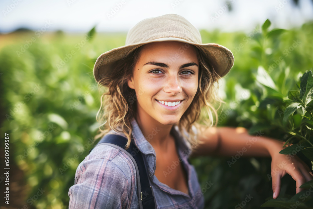 Portrait of a happy farmer female in farm agriculture