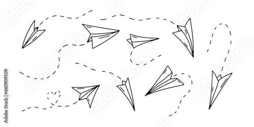 Vector paper airplane. Outline flying planes with dotted track direction. Travel or message symbol. Black linear paper plane icon