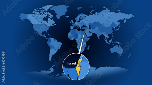 Israel highlighted on world map. Borders indicate Israel proper, excluding occupied Palestinian territories of Gaza and the West Bank. Borders are correct since the 1948 capture of Palestine. photo
