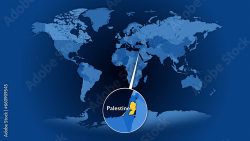 Palestine highlighted on world map. Borders are correct since the 1948 capture of Palestine by Zionist forces and the division of the remainder into Gaza and the West Bank. photo