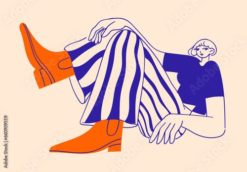 Stylish fashionable sitting woman with irregular body proportions in striped pants