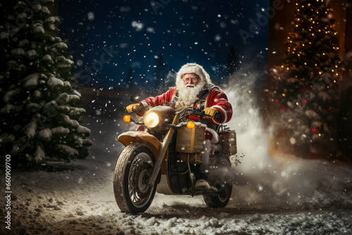 Santa Claus drives fast in motorcycle full of gifts on winter road. delivery concept, sale © zamuruev