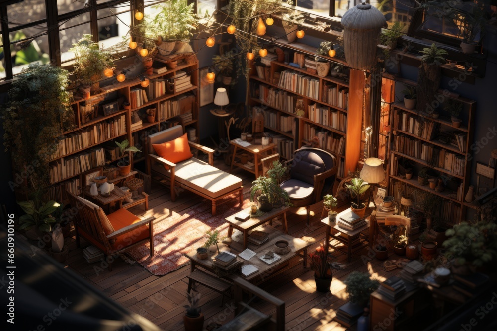 Bookstore with stacks of books, reading glasses, and cozy reading nooks, Generative AI