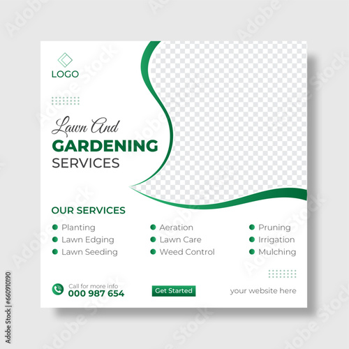 Lawn and gardening social media post design template.