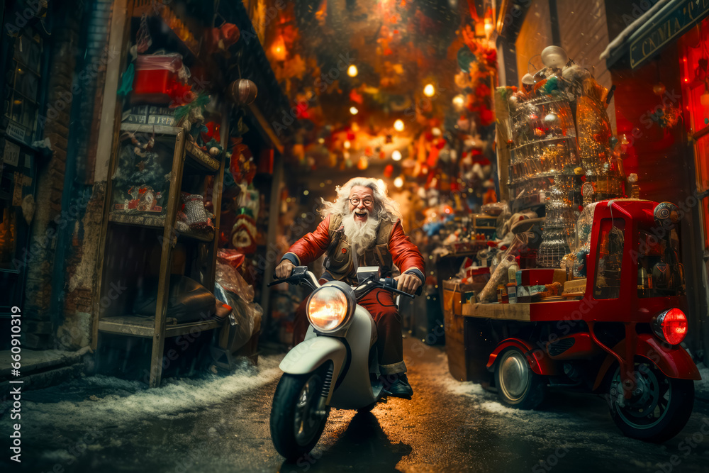 Santa Claus drives fast in motorcycle full of gifts on winter city road. delivery concept, sale - obrazy, fototapety, plakaty 