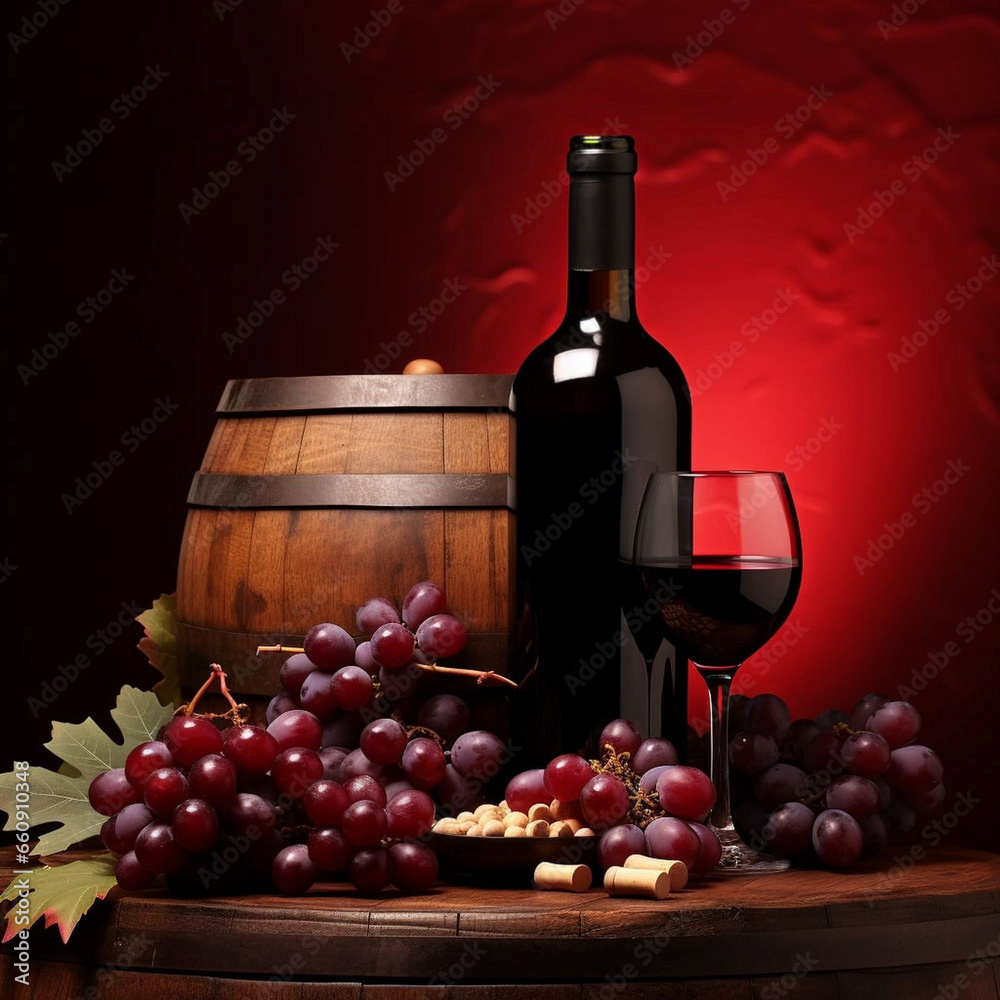 Beautiful still life with a bottle of red wine, a glasses, bunches of grapes and a wooden barrel