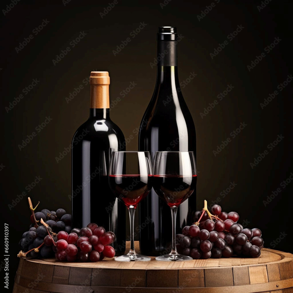 Beautiful still life with a bottle of red wine, a glasses, bunches of grapes and a wooden barrel
