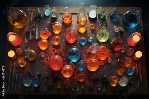 Chemistry laboratory bench with beakers, test tubes, and lab equipment, Generative AI