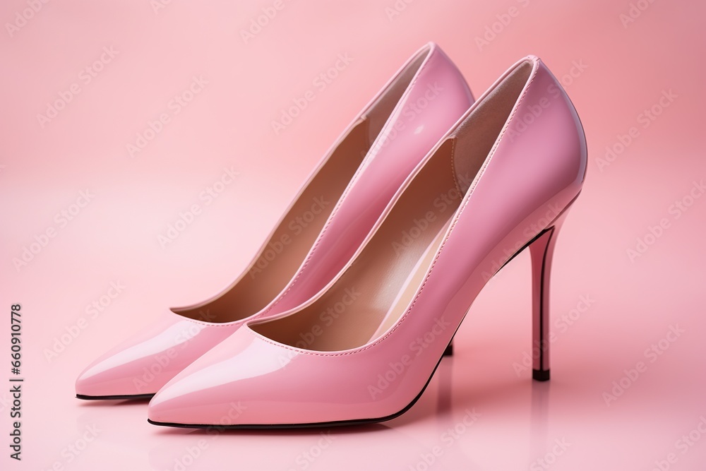 Elegant women's shoes made of pink leather on a pink background. Women's shoes, side view. - obrazy, fototapety, plakaty 