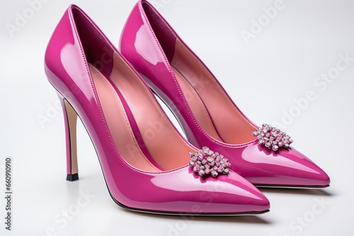 Elegant women's shoes made of pink leather with decoration on a white background. Women's shoes, side view.