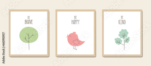 Set of posters pink cute bird green trees for baby room decoration Childish style hand drawn design Perfect for fabric print logo sign cards banners Kids wall art design Vector illustration.