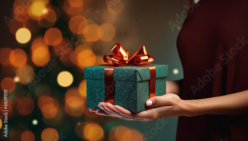 Christmas or New Year's gift box in female hands or woman's palms.