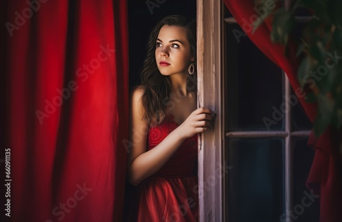 Woman window stand relaxation. Sexy girl in red dress sunshine lady. Generate Ai