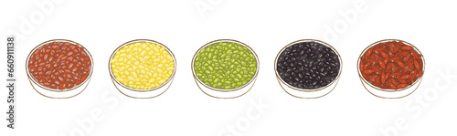 Red, green, black, soy, and kidney beans in white bowls
