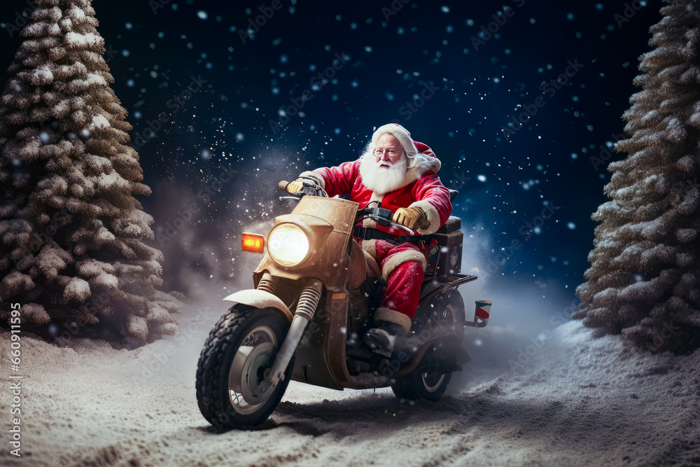 Santa Claus drives fast in motorcycle full of gifts on winter road. delivery concept, sale